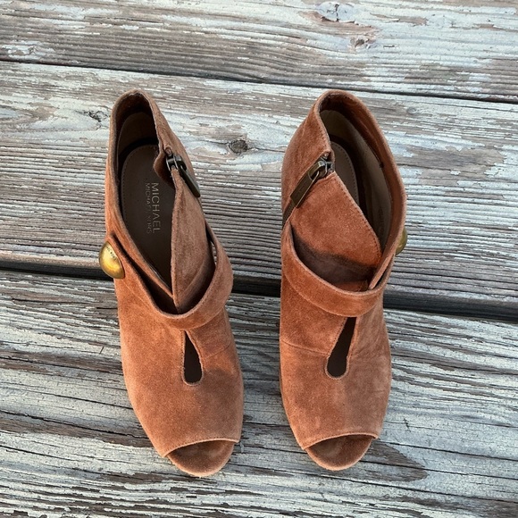 Michael Kors Agnes Leather Peep Toe Ankle Bootie Stilettos Womens 7M Brown Suede - Picture 4 of 8